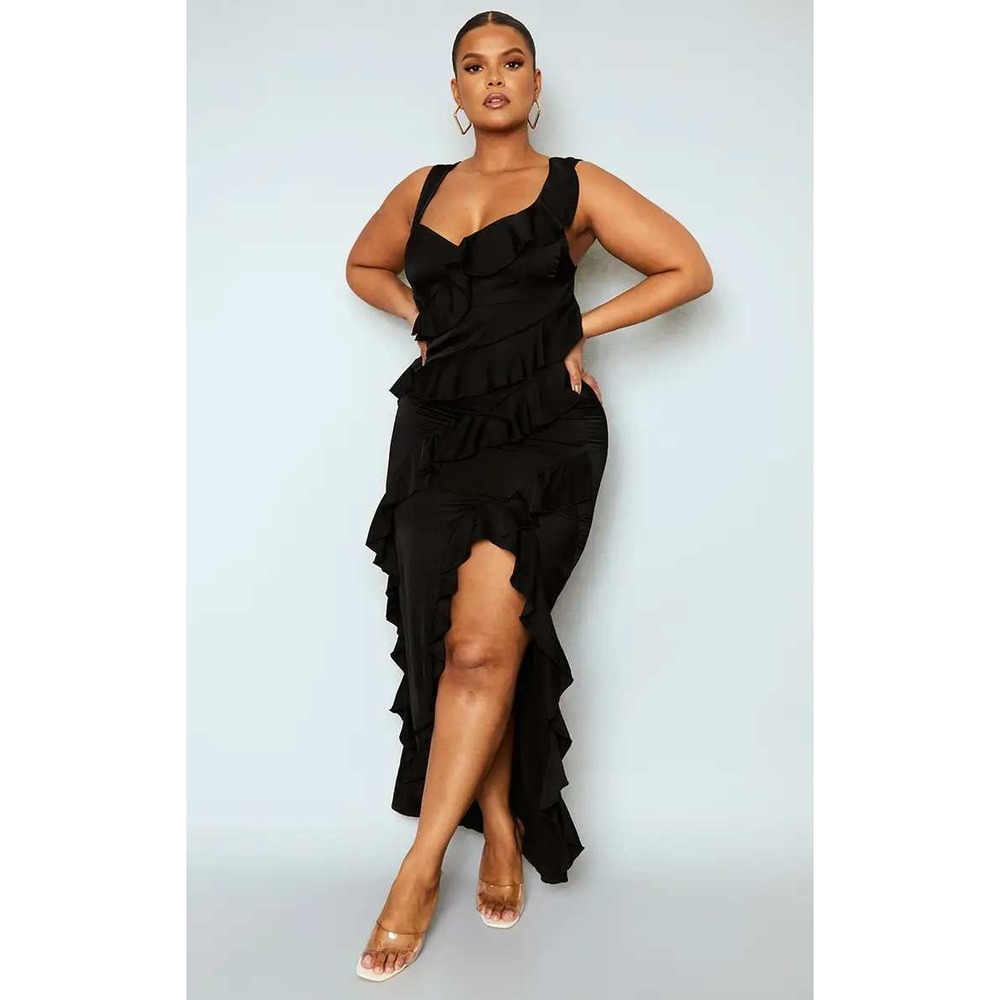 PrettyLittleThing Plus Black Satin Frill Layered Maxi Dress US 14 NWT